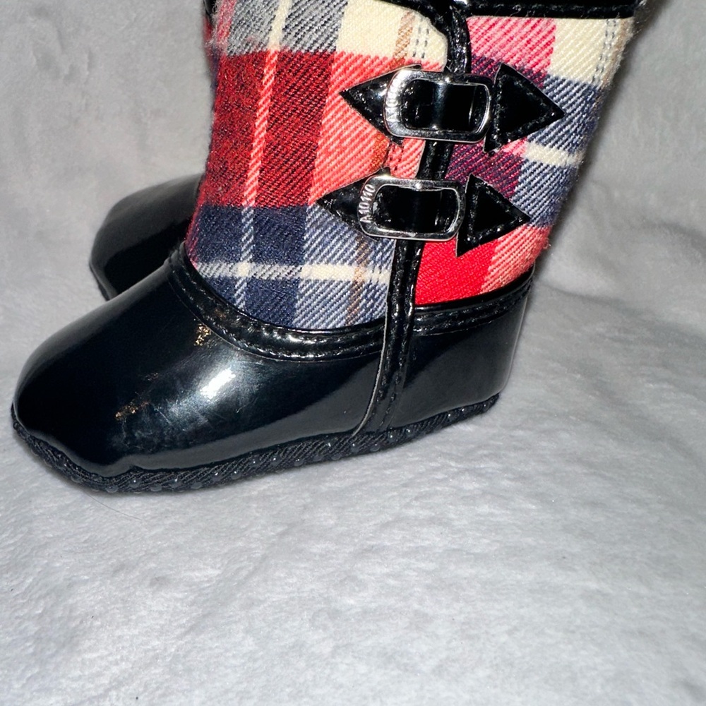 Plaid Buckle Boots with Black Patent Finish